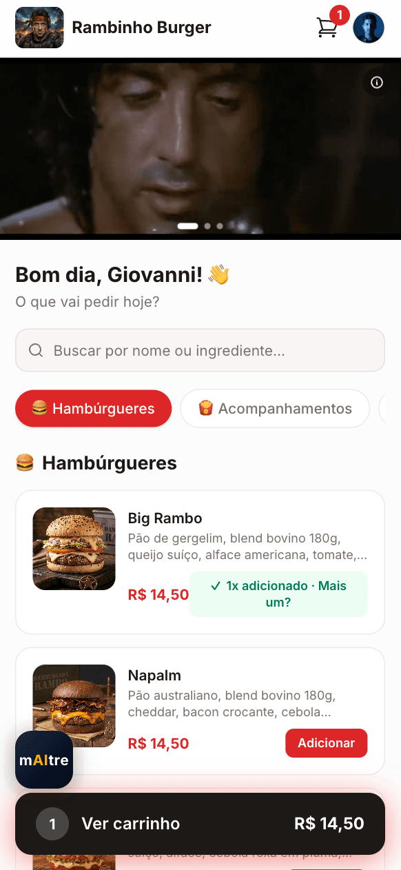 Cardápio do Pedido Certo aberto no celular do cliente, pronto pra pedir pelo QR Code na mesa