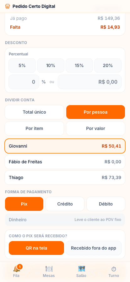 Comanda do pedido #037 dividida entre as pessoas da mesa
