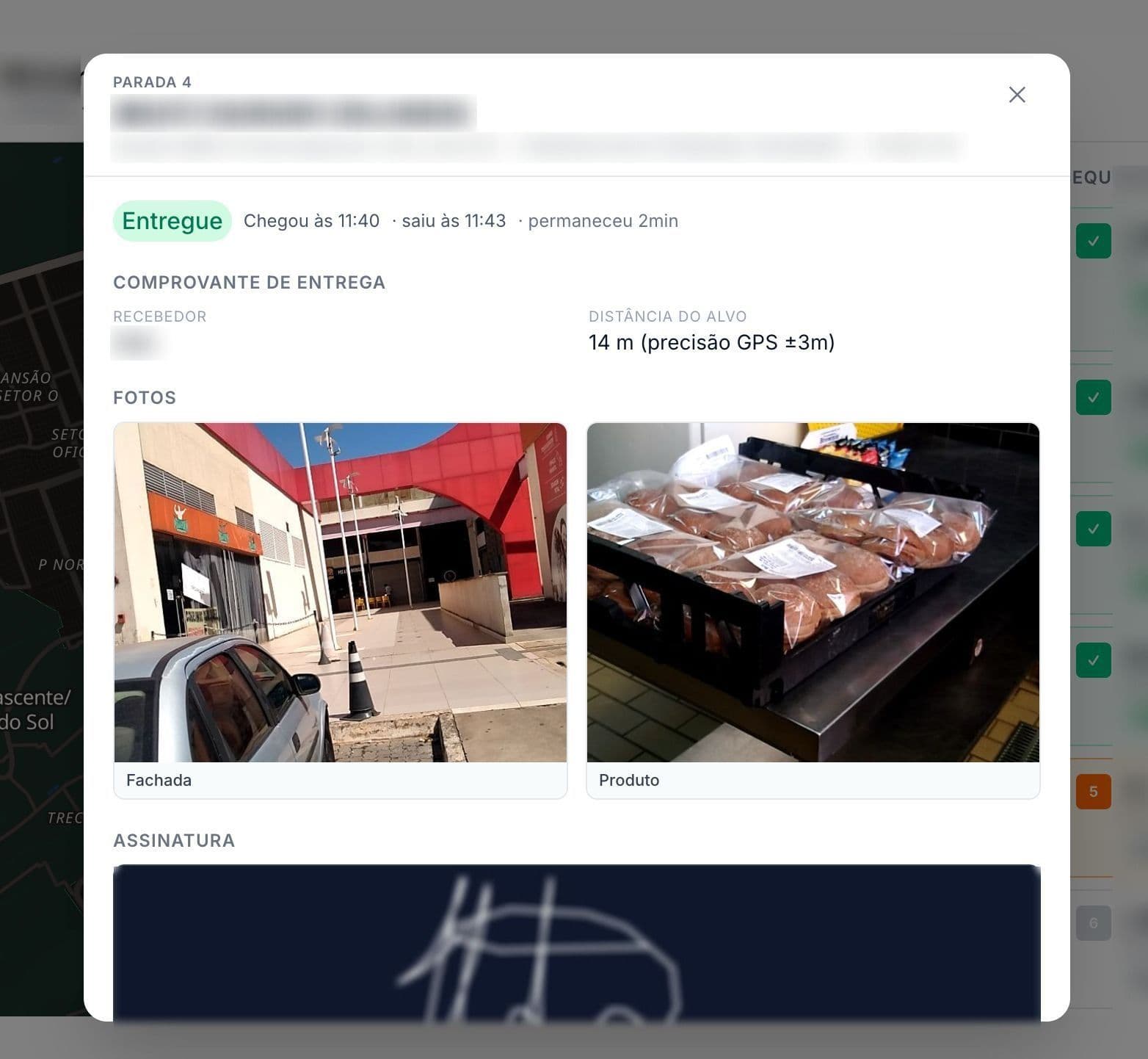 Comprovante de entrega com o recebedor, a distância do alvo por GPS, fotos da fachada e do produto e a assinatura