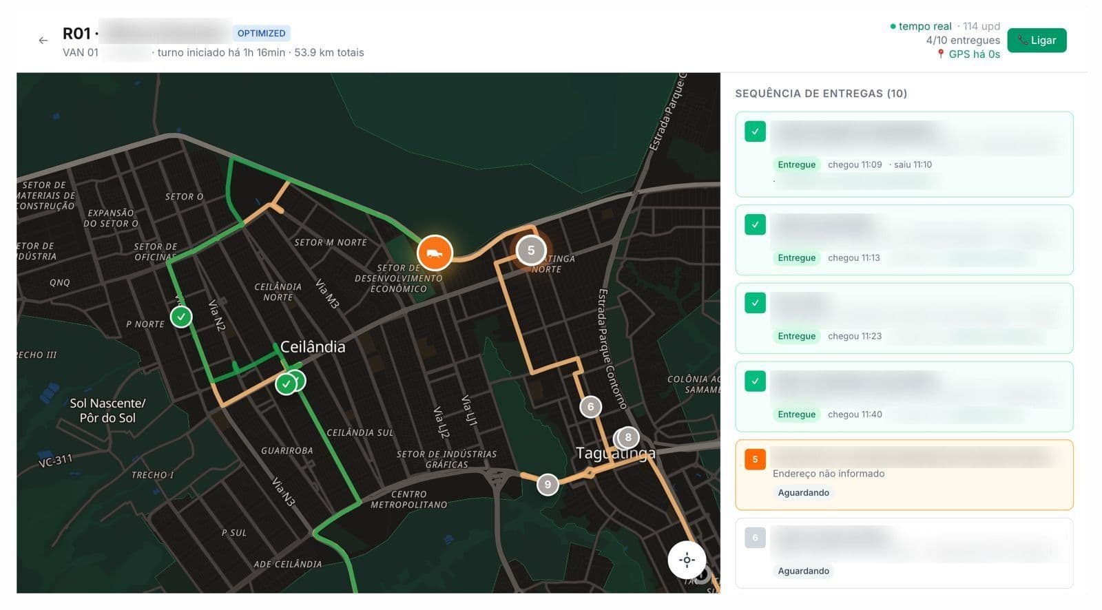 Rota otimizada do dia com dez paradas em sequência, o status de cada entrega e a frota no mapa em tempo real
